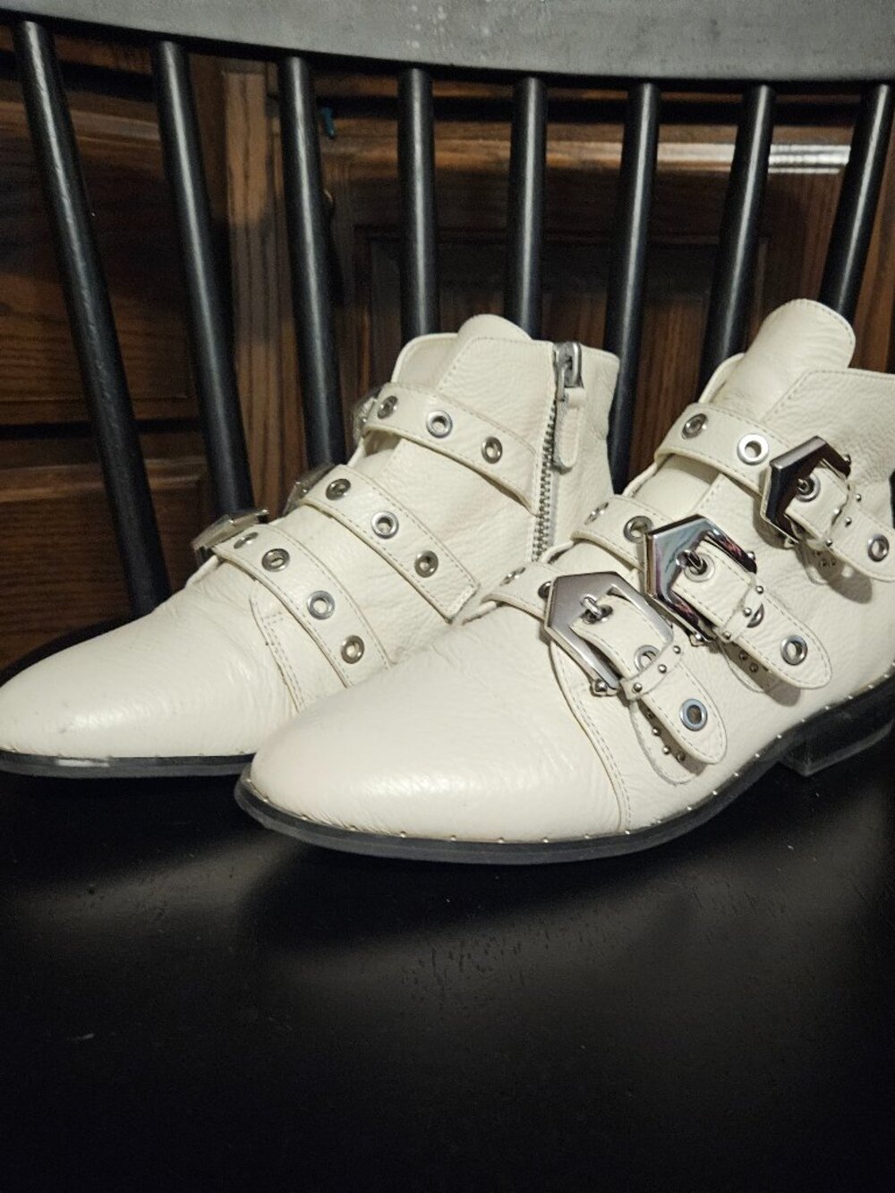Sol Sana White Leather Buckle Moto Ankle Boots Size 40